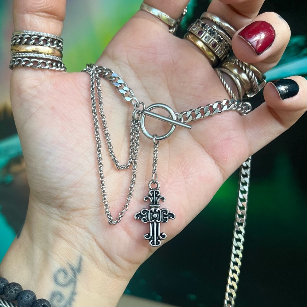 Cuban chain stainless steel with dangly cross gothic charm choker necklace set - Picture 10 of 12